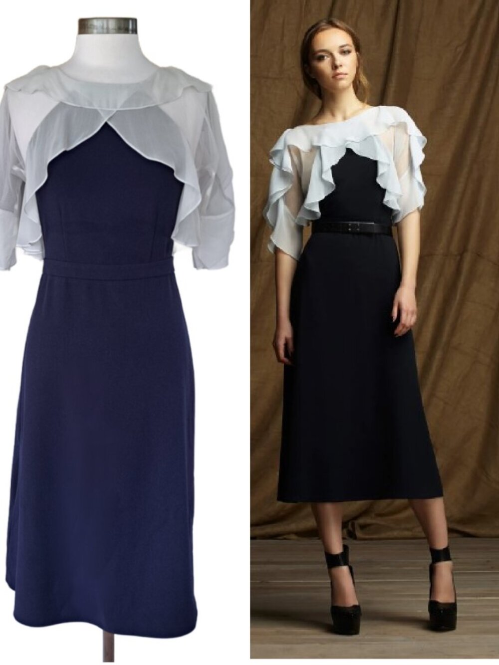 BCBG Max Azria Runway Nicola Midi Dress Size XS Silk Flutter Sleeve Navy Party